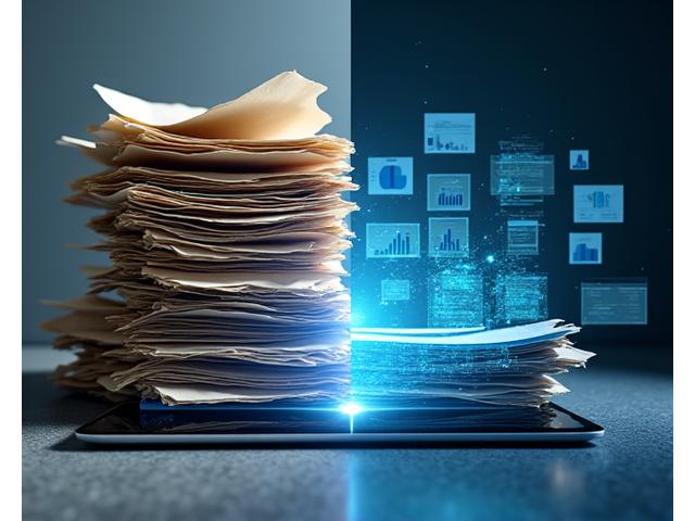 Pirms/Pēc salīdzinājums: kalniem sakrauts papīrs, kas blakus pārvēršas digitālos dokumentos uz planšetdatora ekrāna, simbolizējot patēriņa samazināšanu.