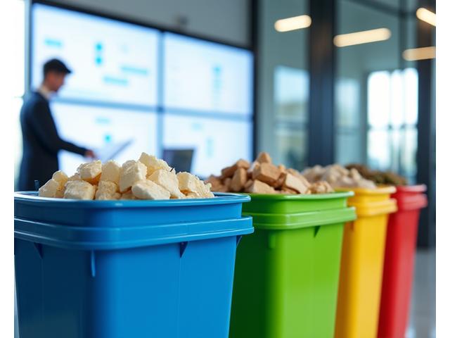 Uzsvars uz pārstrādes konteineriem ar zaļiem simboliem un digitāliem dokumentiem, kas simbolizē atkritumu samazināšanu digitalizācijas ceļā.