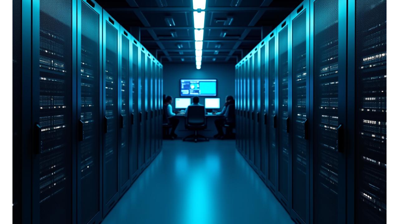 Datoru serveri valsts iestādē, fonā sēž darbinieki